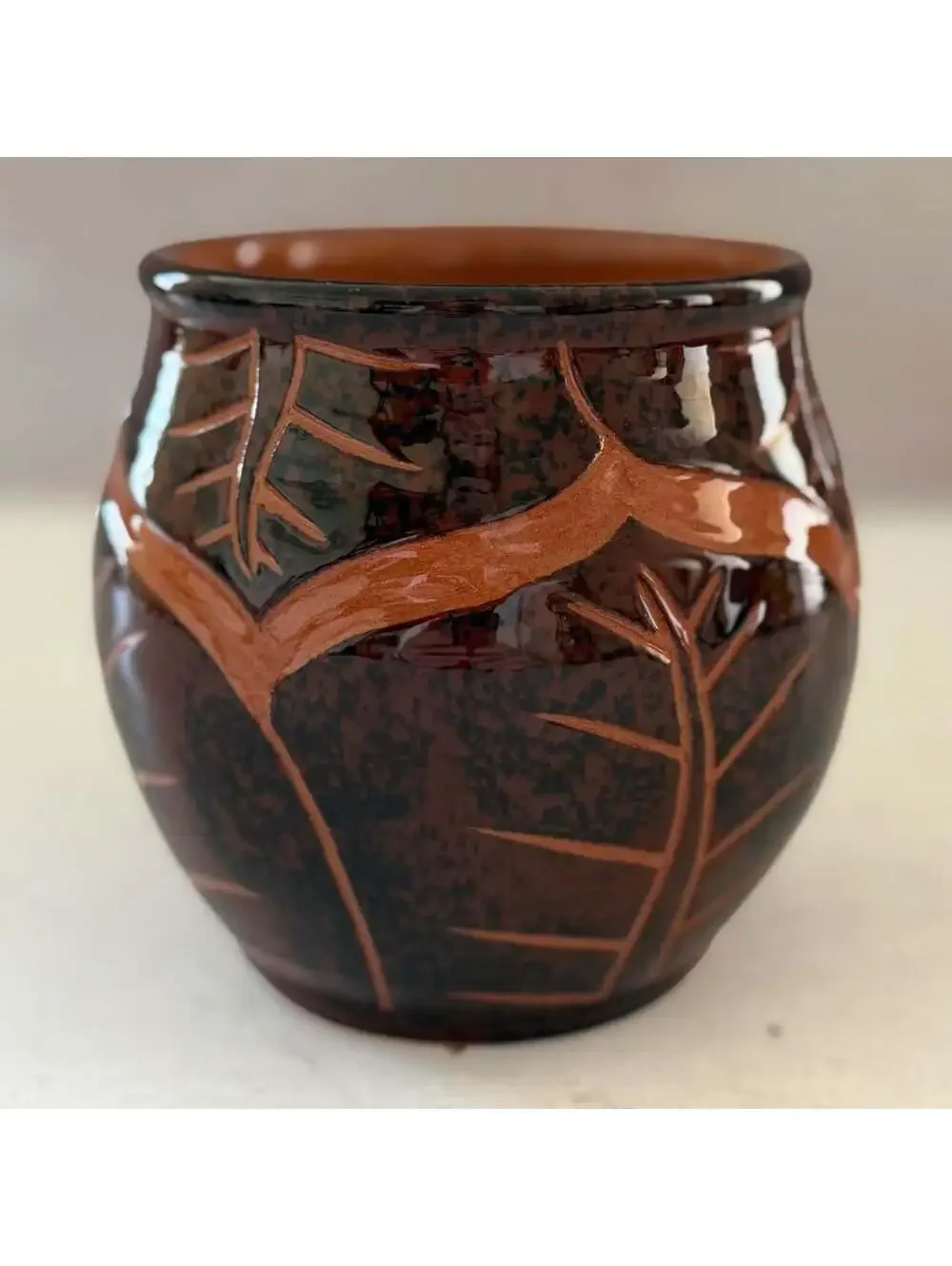 Wassi Art Jamaican Pottery Mug Pair | Hand Carved Leaf Redware Coffee Cups